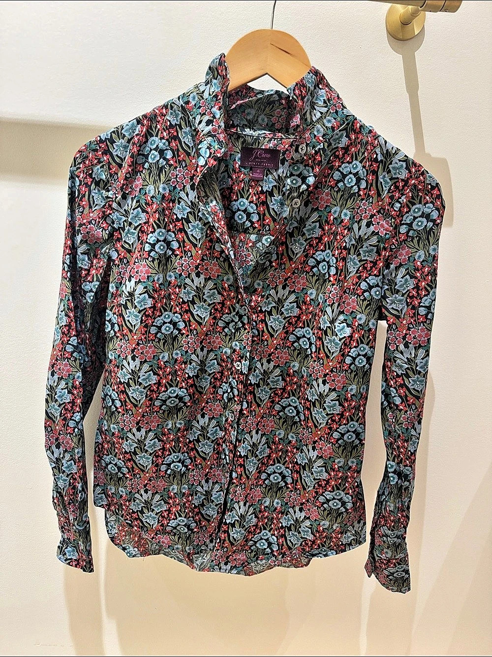 J.Crew Liberty Fabric Ruffle Collar Floral Blouse Black & Red Size 4